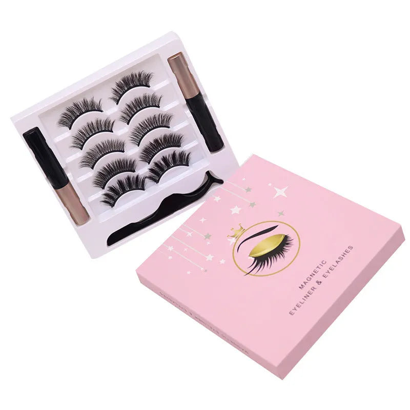 Magnetic eyelashes set showing eyeliner and reusable false lashes with 5 pairs included