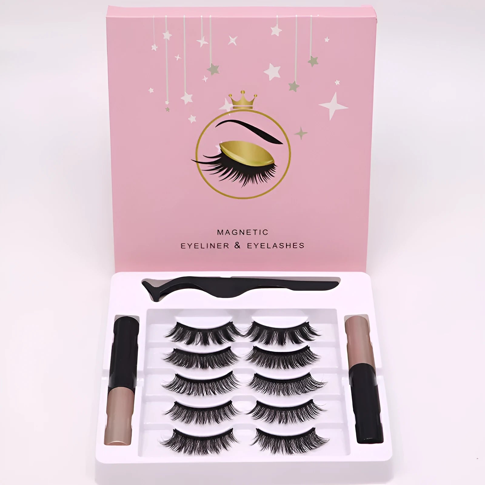 Magnetic eyelashes set showing eyeliner and reusable false lashes with 5 pairs included