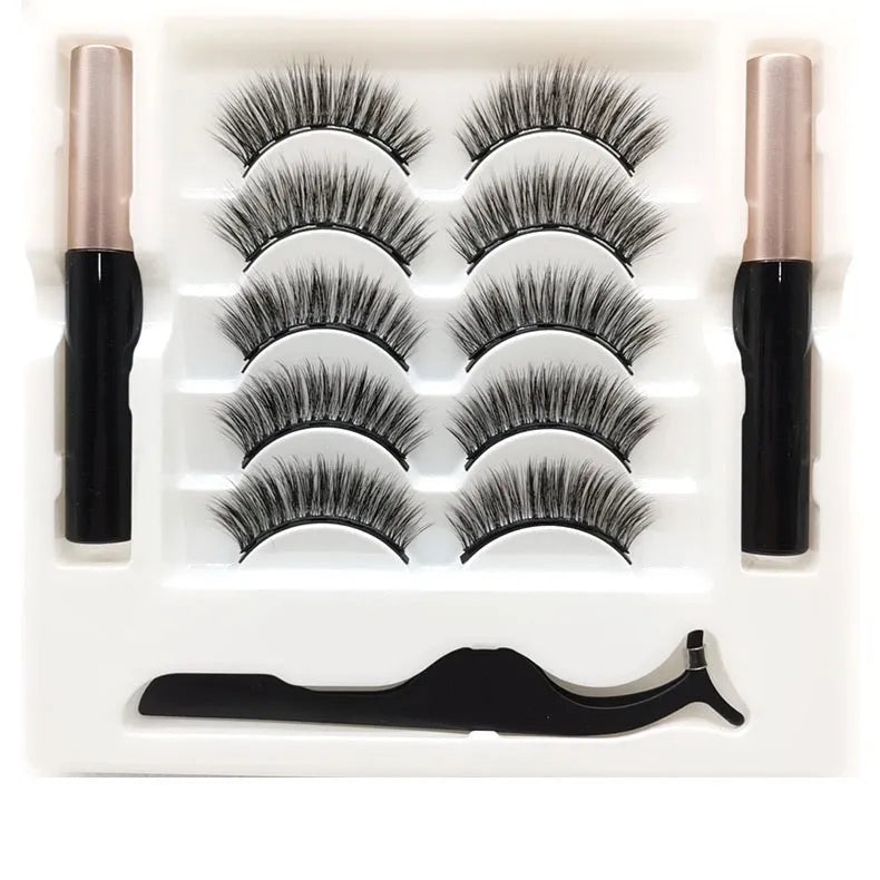 Magnetic eyelashes set showing eyeliner and reusable false lashes with 5 pairs included