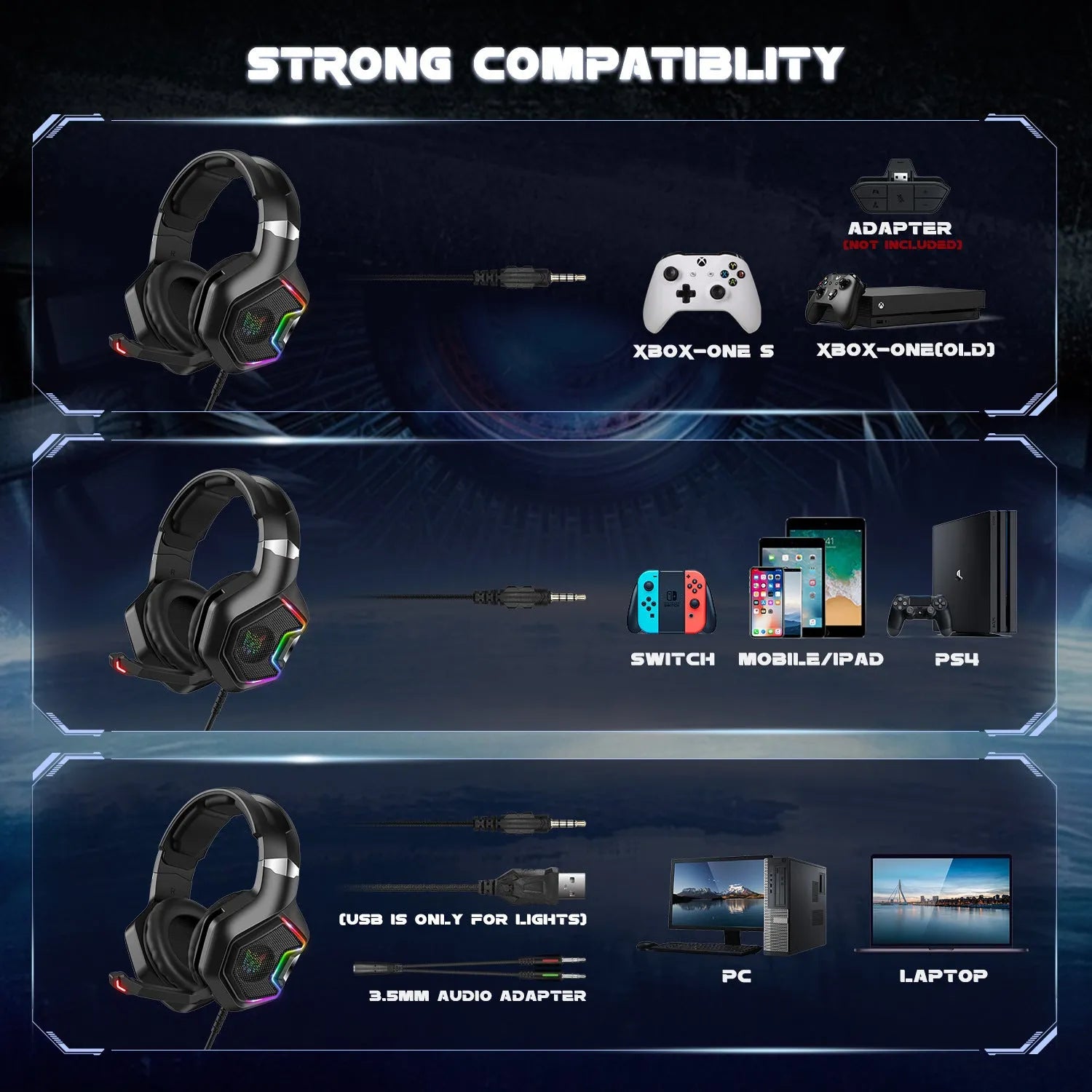 ONIKUMA K10 PRO black gaming headset with LED light and microphone for PS4 PS5 Xbox One