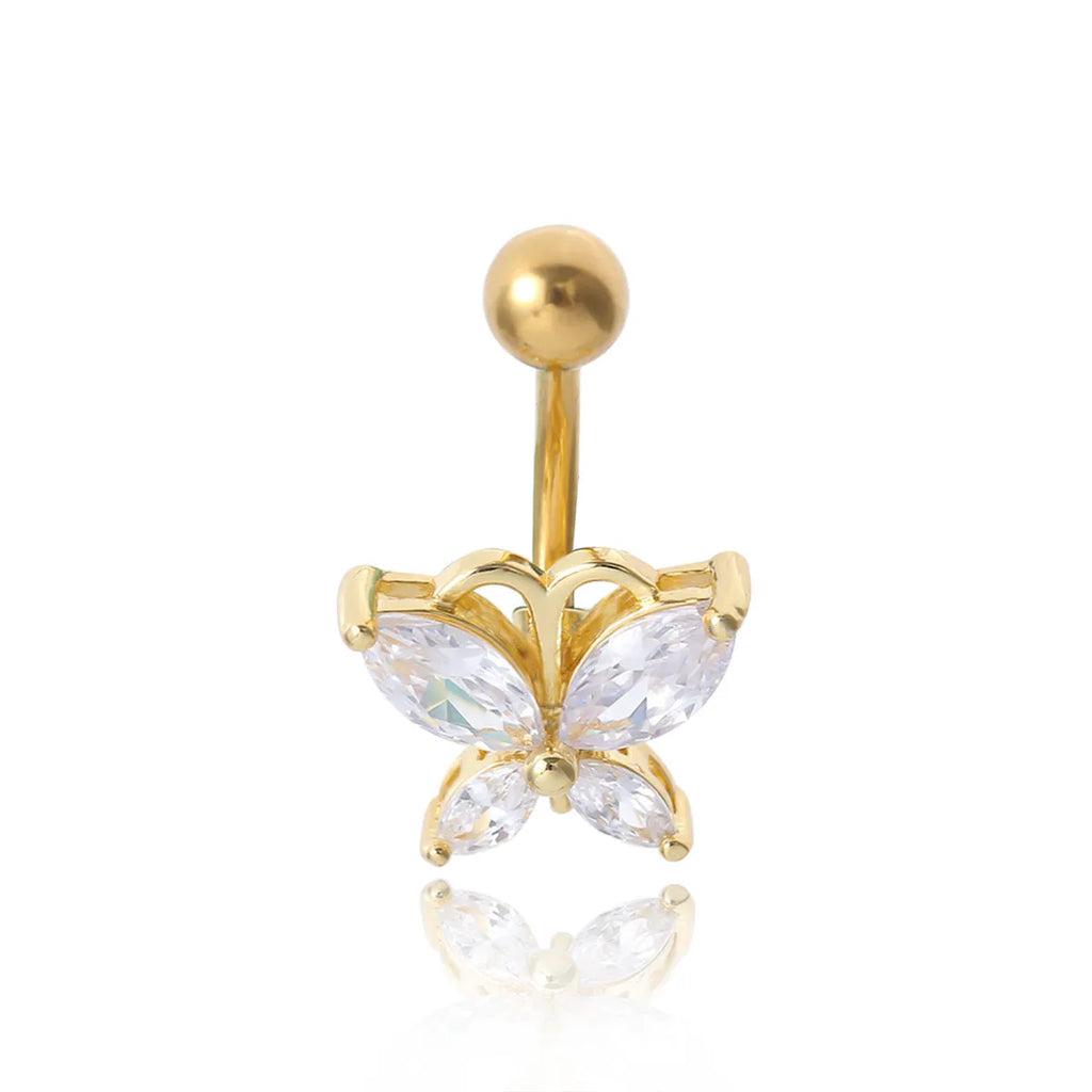 Gold 0003 stainless steel butterfly belly button ring on white background