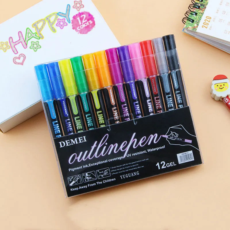 12-colour outline hand account highlighter set with metal barrels and round tips on white background