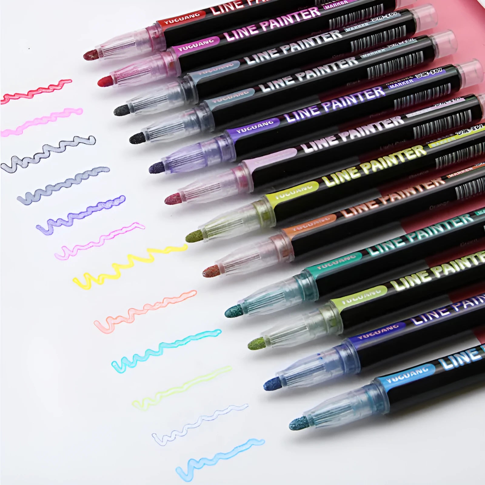 12-colour outline hand account highlighter set with metal barrels and round tips on white background