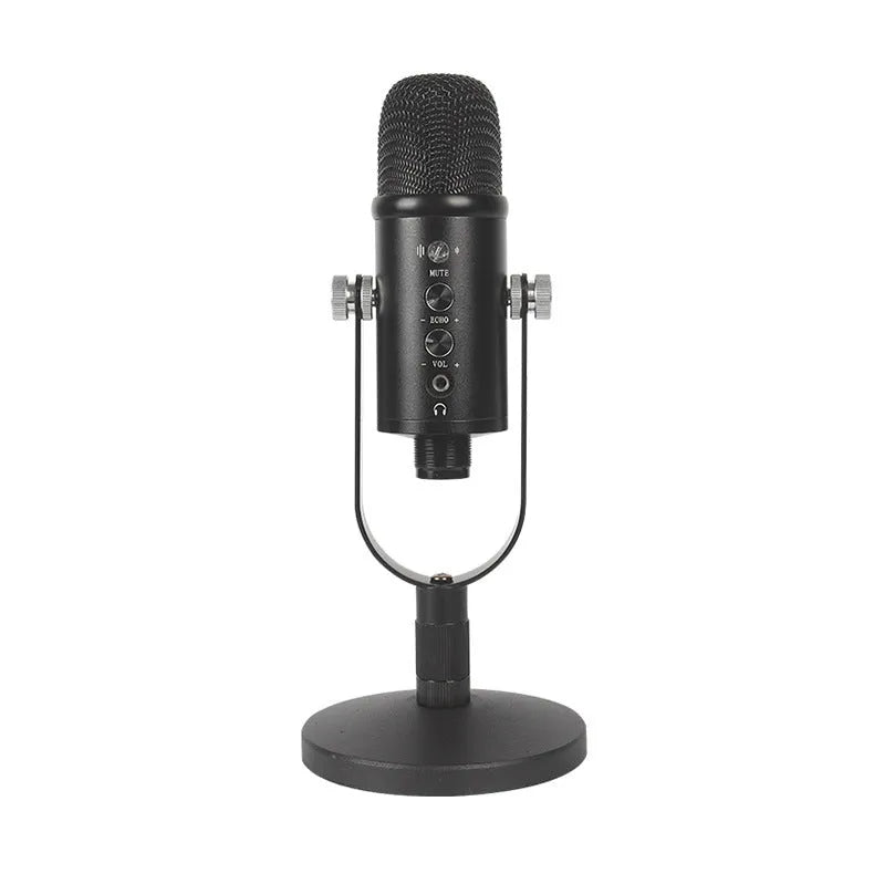 Black USB condenser microphone with foam cover on a metal stand for desktop recording.