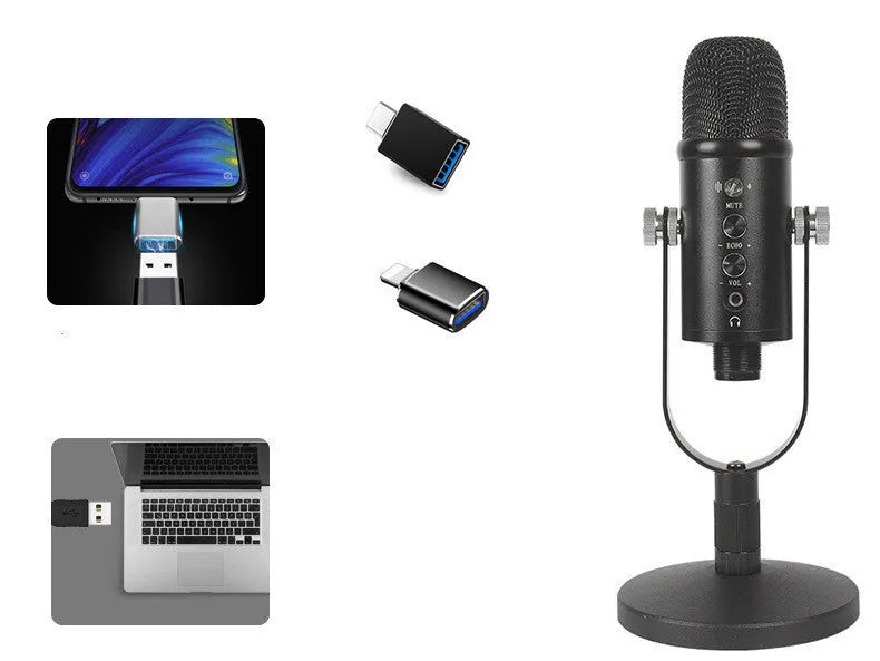 Black USB condenser microphone with foam cover on a metal stand for desktop recording.