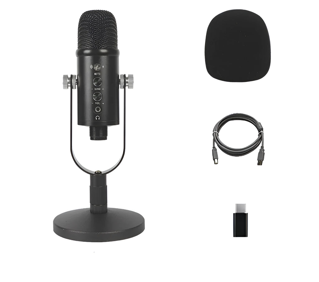 Black USB condenser microphone with foam cover on a metal stand for desktop recording.