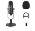 Black USB condenser microphone with foam cover on a metal stand for desktop recording.