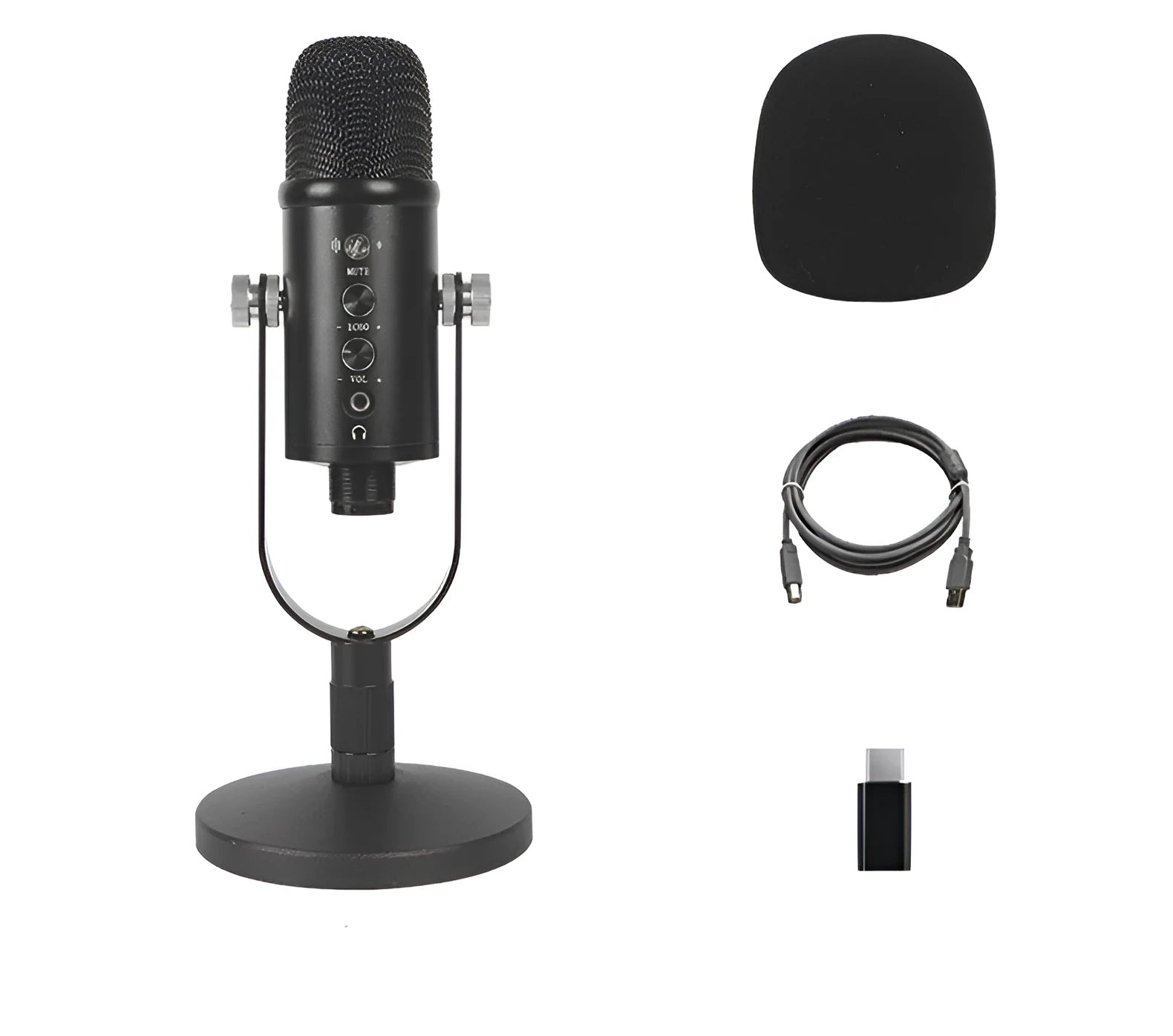 Black USB condenser microphone with foam cover on a metal stand for desktop recording.