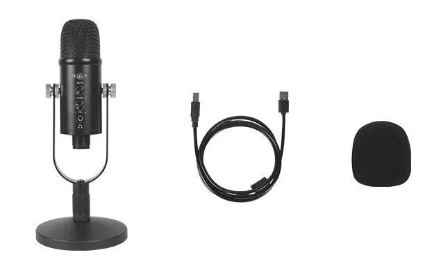 Black USB condenser microphone with foam cover on a metal stand for desktop recording.