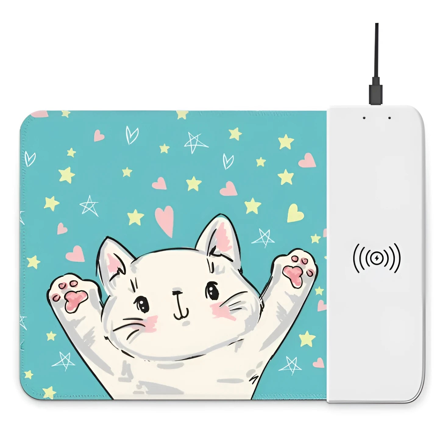 Wireless charging mouse pad with RGB lighting and colourful cartoon dot pattern
