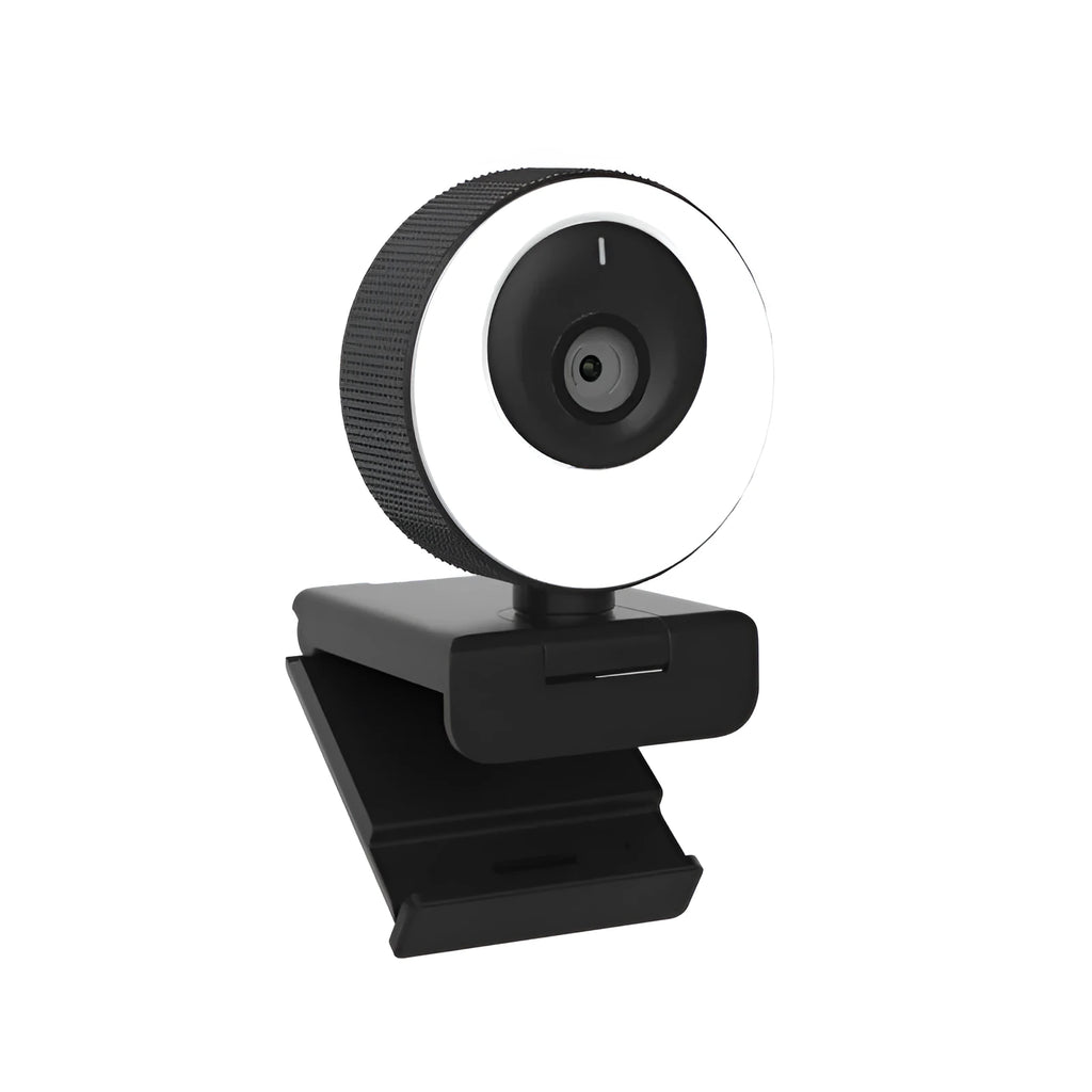 Black 1080p USB webcam on a desk with its magnetic privacy cover attached, showing the 1.7 metre USB cable.