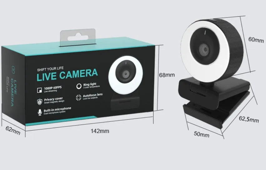Black 1080p USB webcam on a desk with its magnetic privacy cover attached, showing the 1.7 metre USB cable.