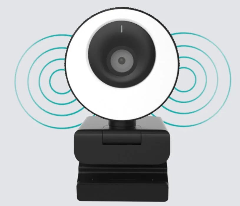 Black 1080p USB webcam on a desk with its magnetic privacy cover attached, showing the 1.7 metre USB cable.