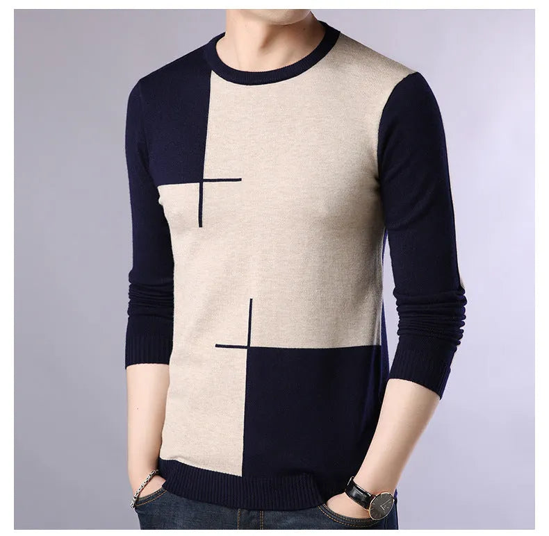 Men's wool blend crew neck pullover sweater in Black, Dark Blue, and Red colours