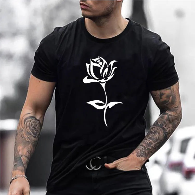 Men's black cotton rose print round neck short sleeve T-shirt, loose fit, front view