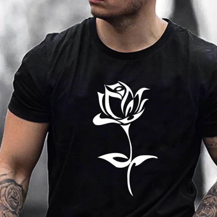 Men's black cotton rose print round neck short sleeve T-shirt, loose fit, front view