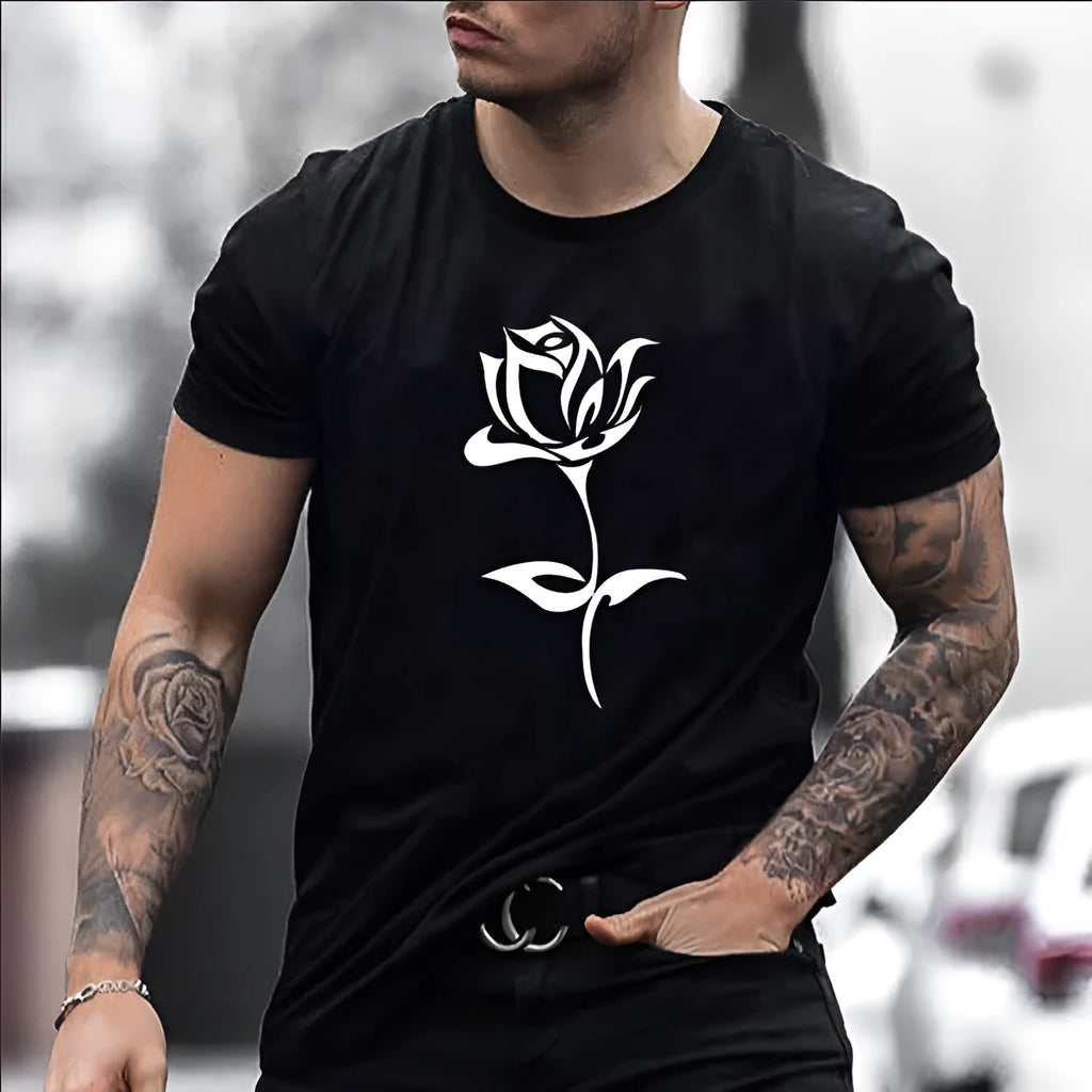 Men's black cotton rose print round neck short sleeve T-shirt, loose fit, front view