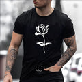Men's black cotton rose print round neck short sleeve T-shirt, loose fit, front view