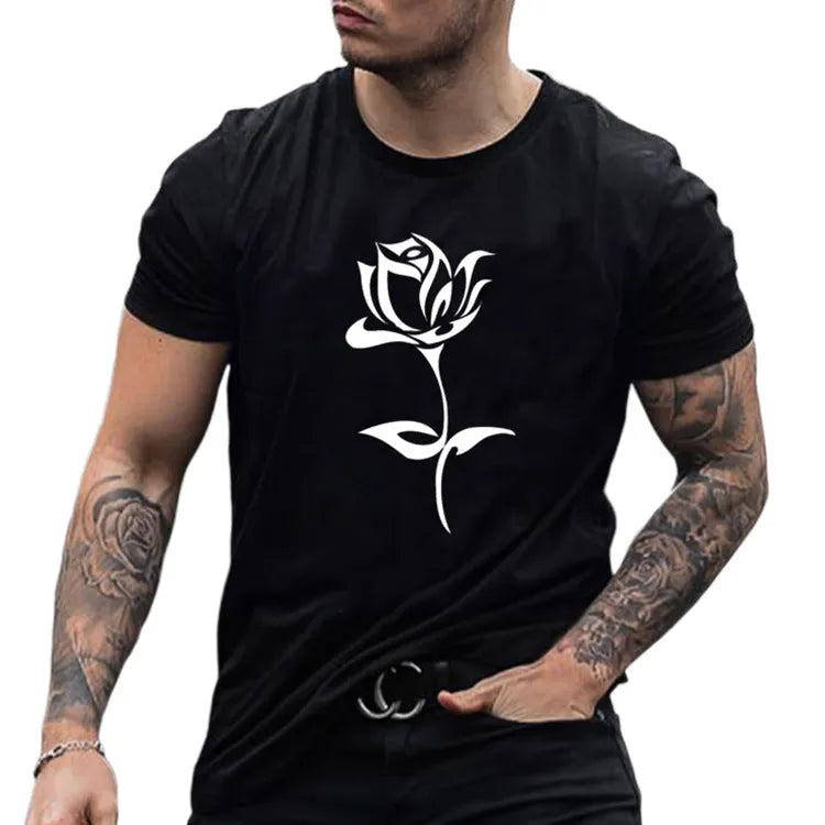 Men's black cotton rose print round neck short sleeve T-shirt, loose fit, front view