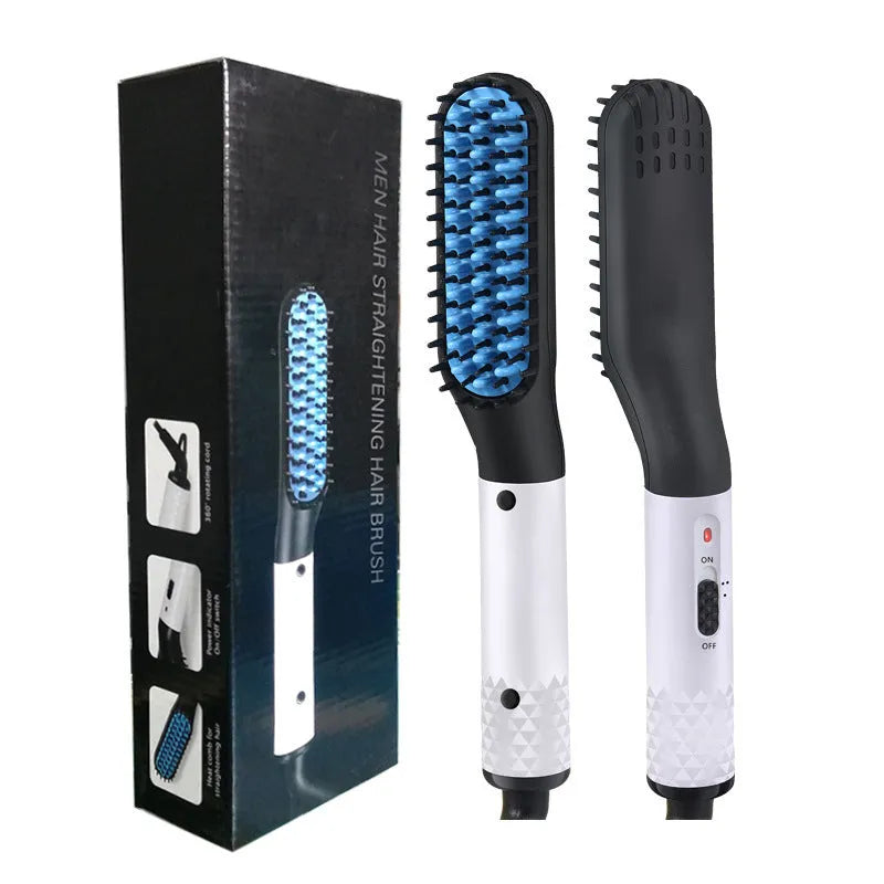 Gold multifunctional hair straightener comb for men with MCH technology and two temperature modes, including ceramic teeth and rubber anti-scald layer
