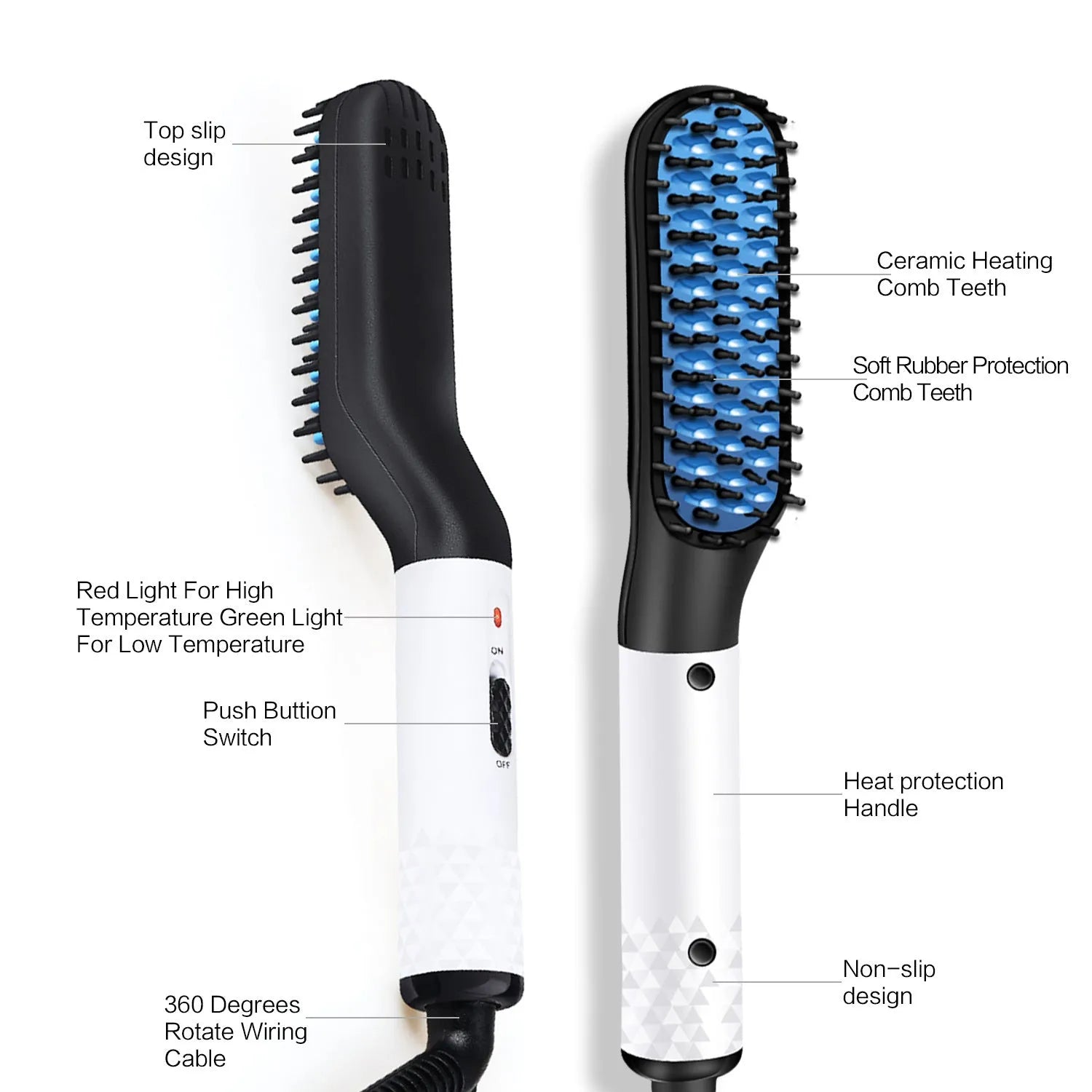 Gold multifunctional hair straightener comb for men with MCH technology and two temperature modes, including ceramic teeth and rubber anti-scald layer