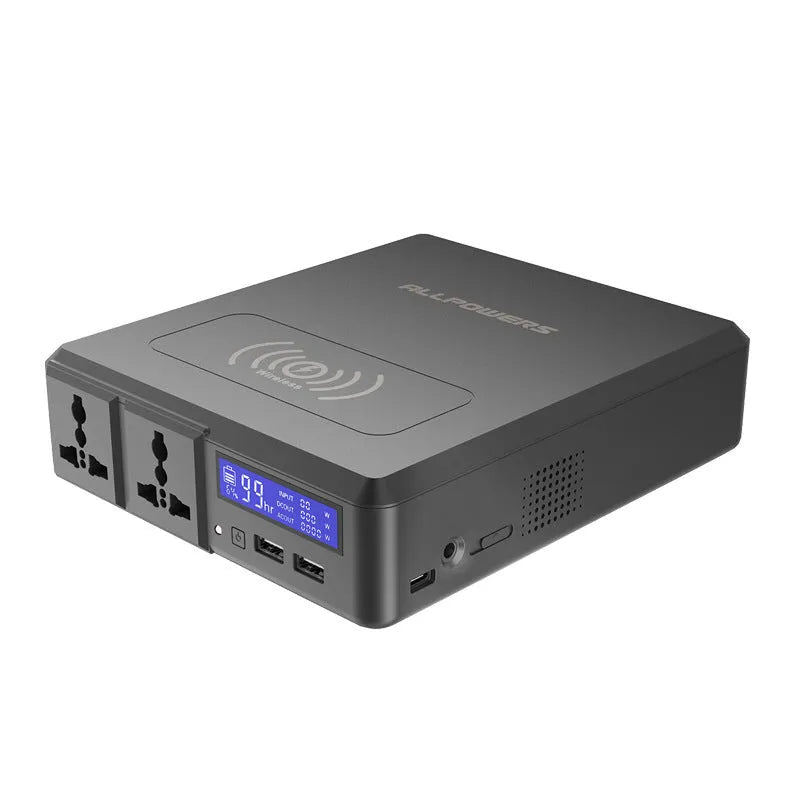Black notebook power bank 41600mAh 220V with WiFi and UK plug on white background