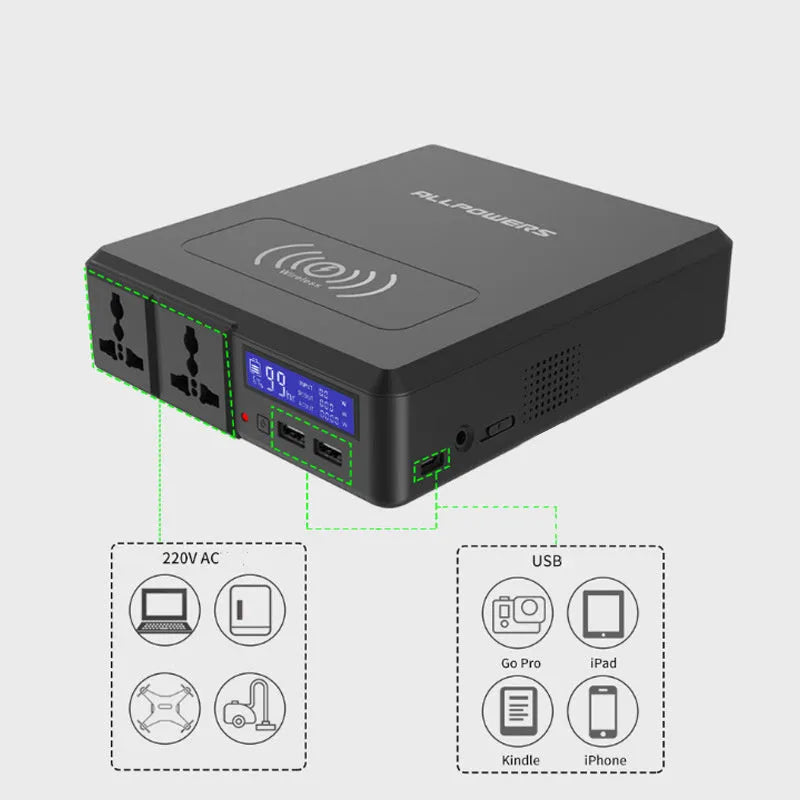 Black notebook power bank 41600mAh 220V with WiFi and UK plug on white background