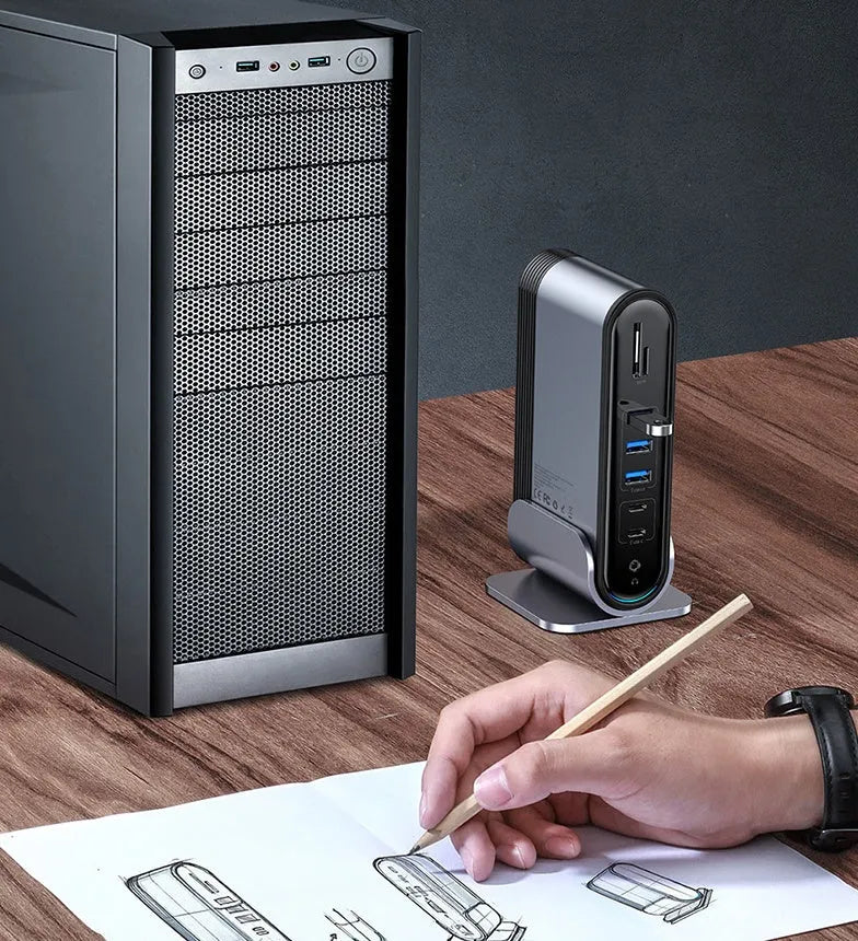 Deep space grey 16-in-1 Type-C docking station with multiple interfaces and external power supply