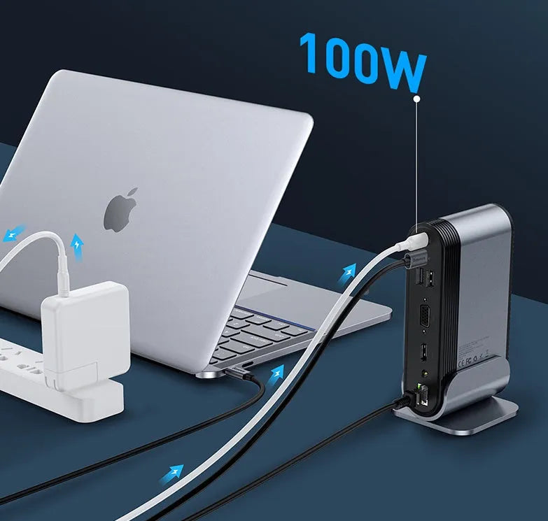 Deep space grey 16-in-1 Type-C docking station with multiple interfaces and external power supply