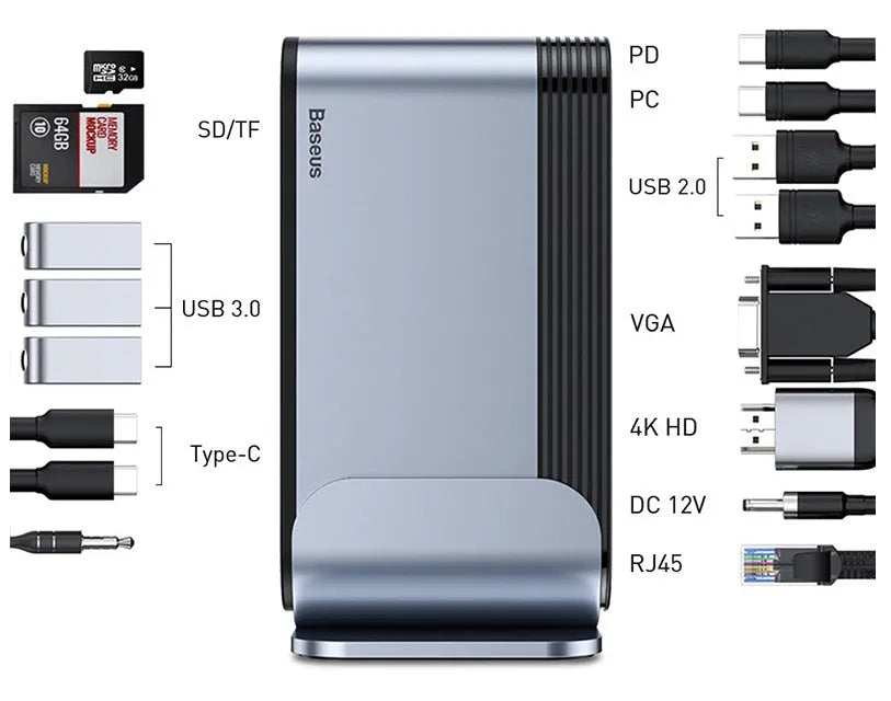 Deep space grey 16-in-1 Type-C docking station with multiple interfaces and external power supply