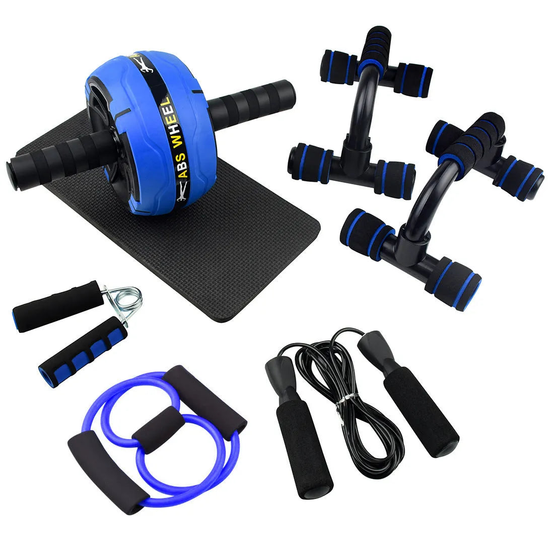 Resistance bands and push-up bar abdominal power set in chosen colour, showing portable fitness equipment.