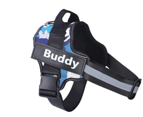 Personalised dog harness with dog name, reflective nylon adjustable chest strap, and handle for outdoor use
