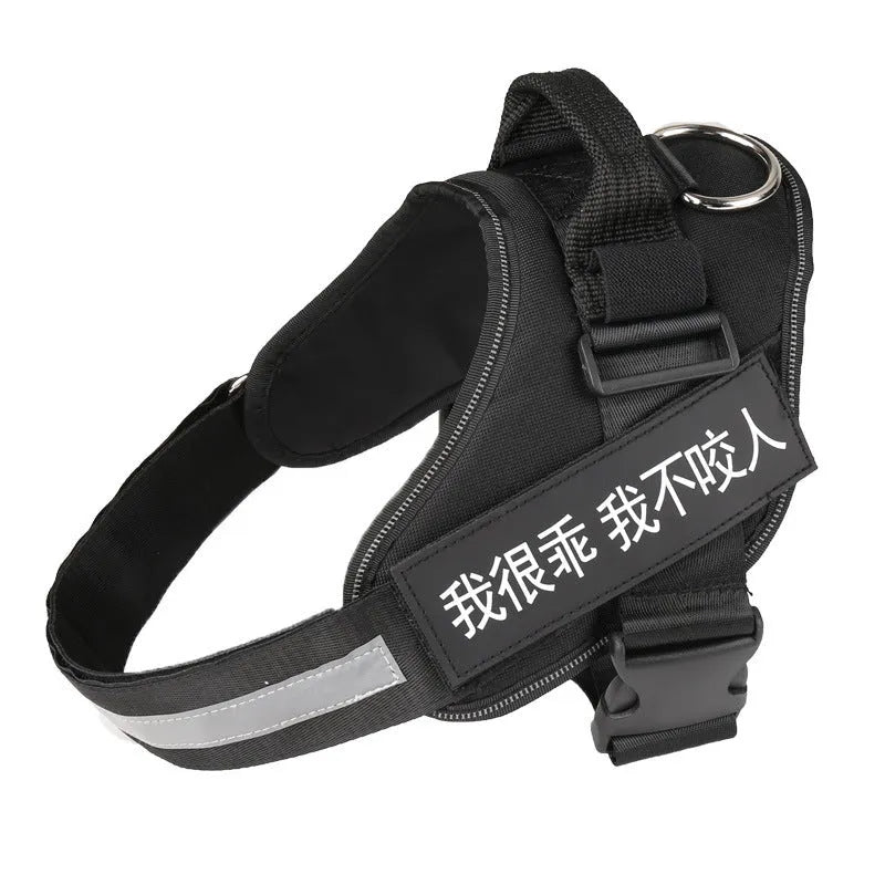 Personalised dog harness with dog name, reflective nylon adjustable chest strap, and handle for outdoor use