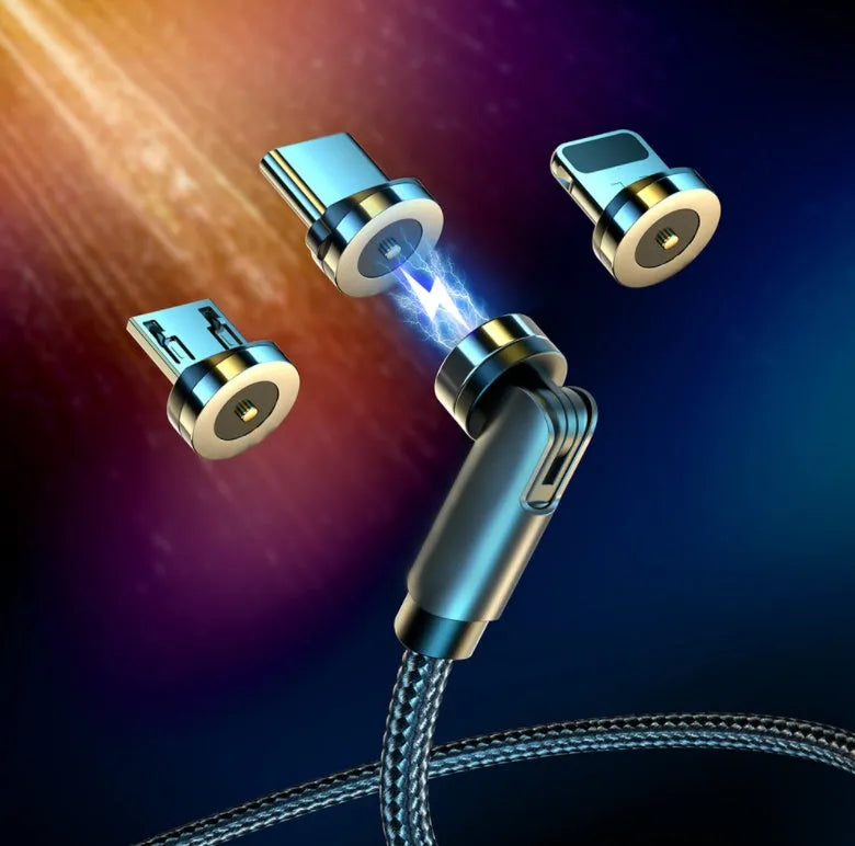 Essager rotating magnetic USB charging cable with blue LED light showing 540° rotation capability