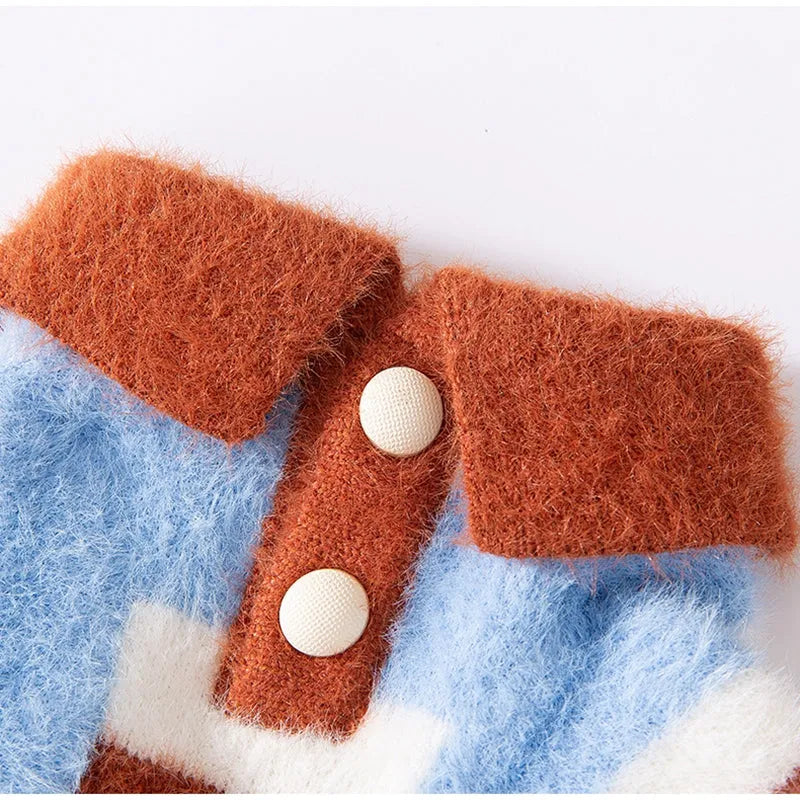 Polo collar pet cardigan for small dogs, soft striped knitted fabric, two-legged design, blue and brown stripes