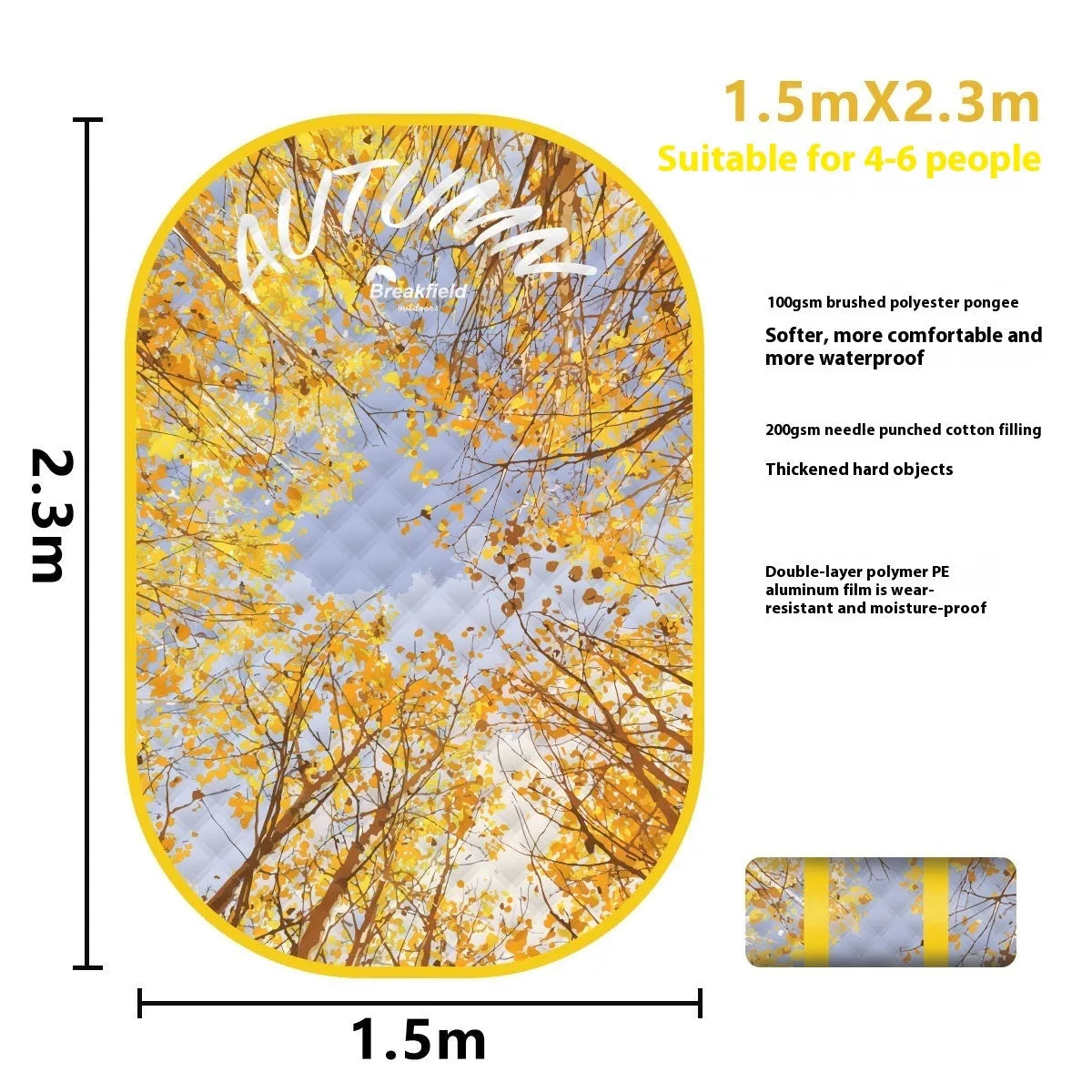 Waterproof outdoor picnic mat in a seasonal colour, shown unrolled on grass.