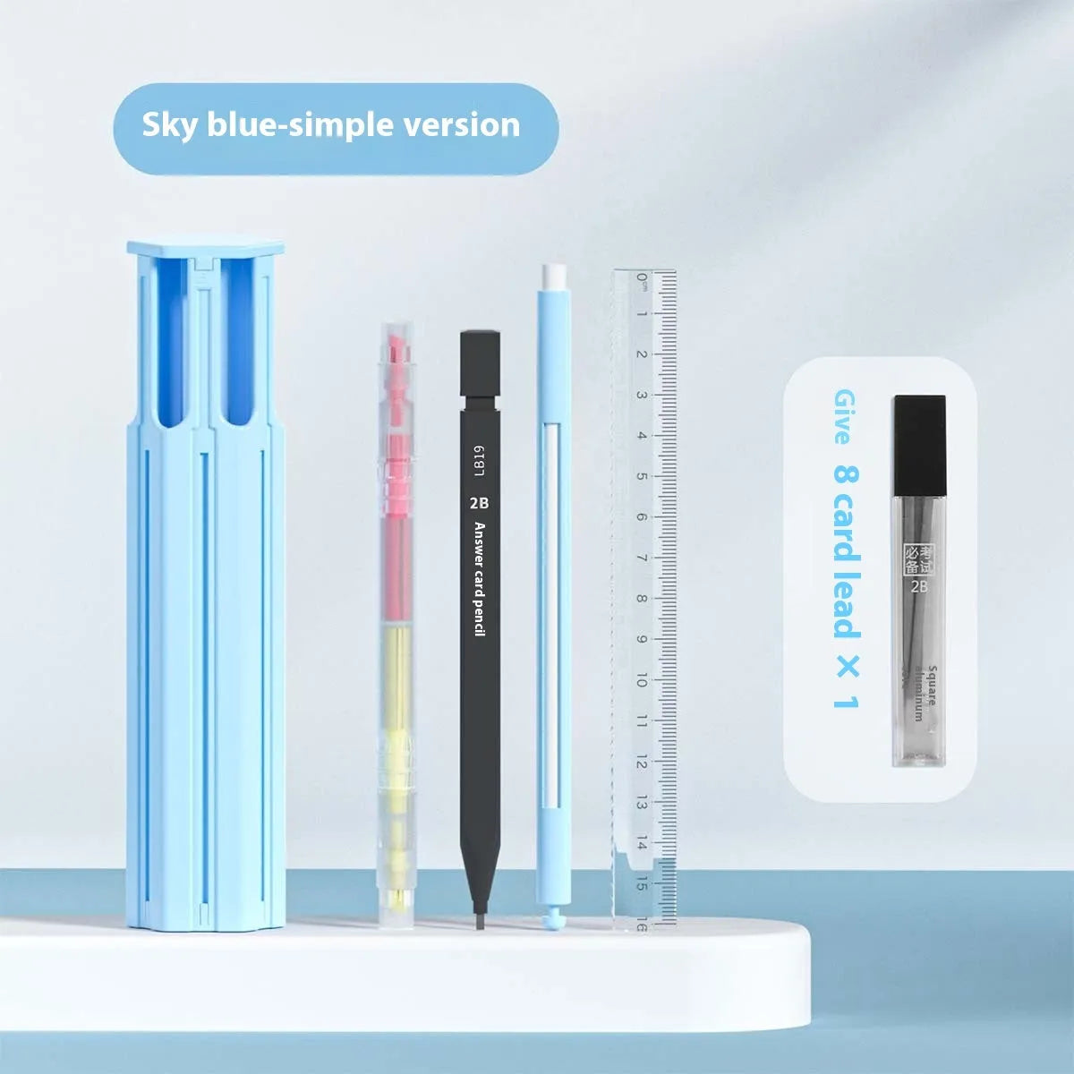 Plastic six pens pencil box kit with pressing pen in Sky Blue, White, or Pink colours.