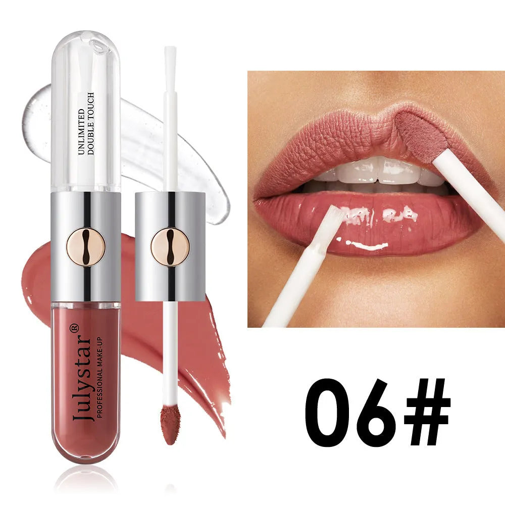 Women's long-lasting moisturising lip gloss in 6ml tube showing available colour styles