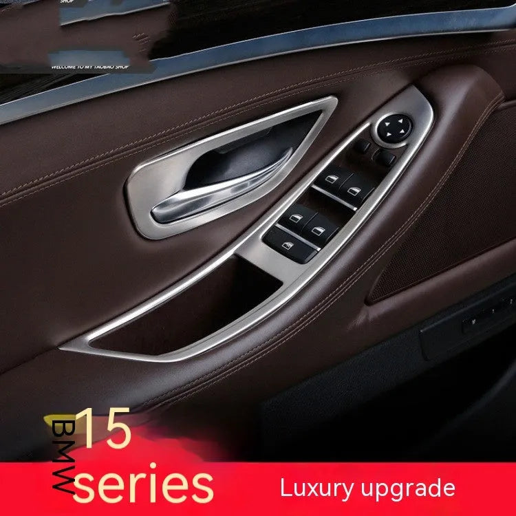 BMW 5 Series interior door handle decorative trim strip kit with four ABS stainless steel frame bars.