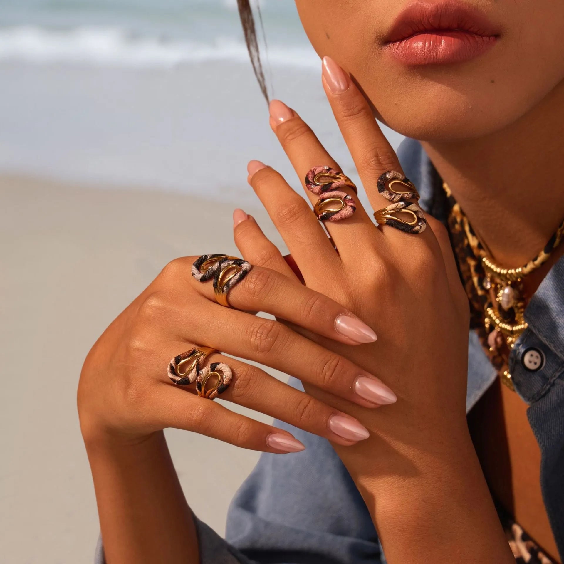 Leopard print stainless steel open ring with asymmetric geometric heart and star shapes