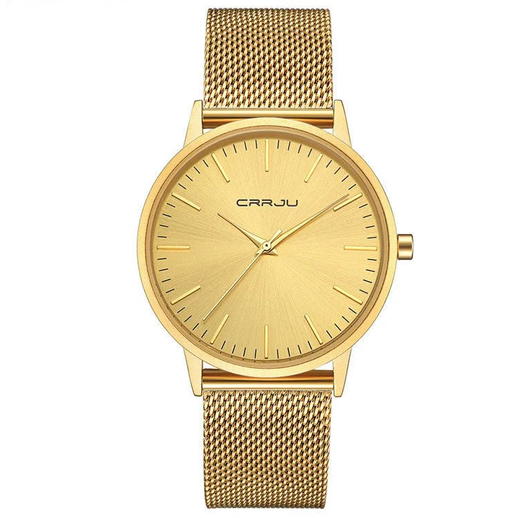 Casual men's and women's quartz watch with alloy case, plexiglass mirror, and mesh or leather strap options.