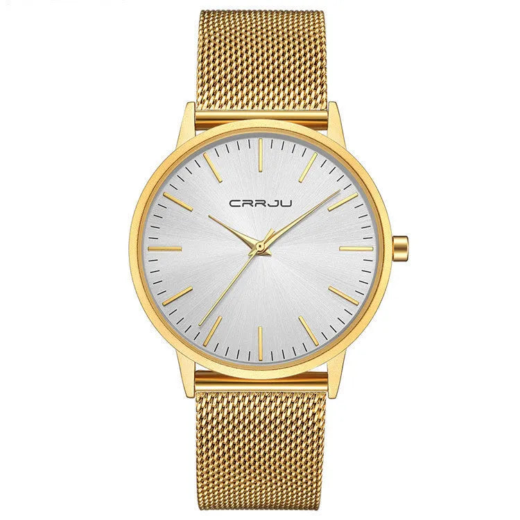 Casual men's and women's quartz watch with alloy case, plexiglass mirror, and mesh or leather strap options.