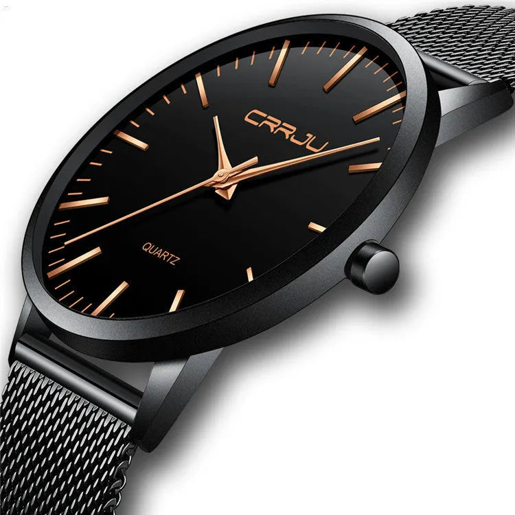 Casual men's and women's quartz watch with alloy case, plexiglass mirror, and mesh or leather strap options.