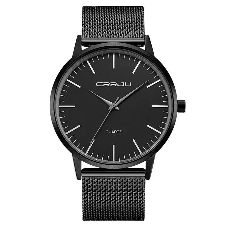Casual men's and women's quartz watch with alloy case, plexiglass mirror, and mesh or leather strap options.
