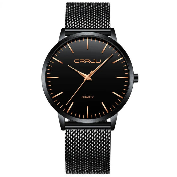 Casual men's and women's quartz watch with alloy case, plexiglass mirror, and mesh or leather strap options.