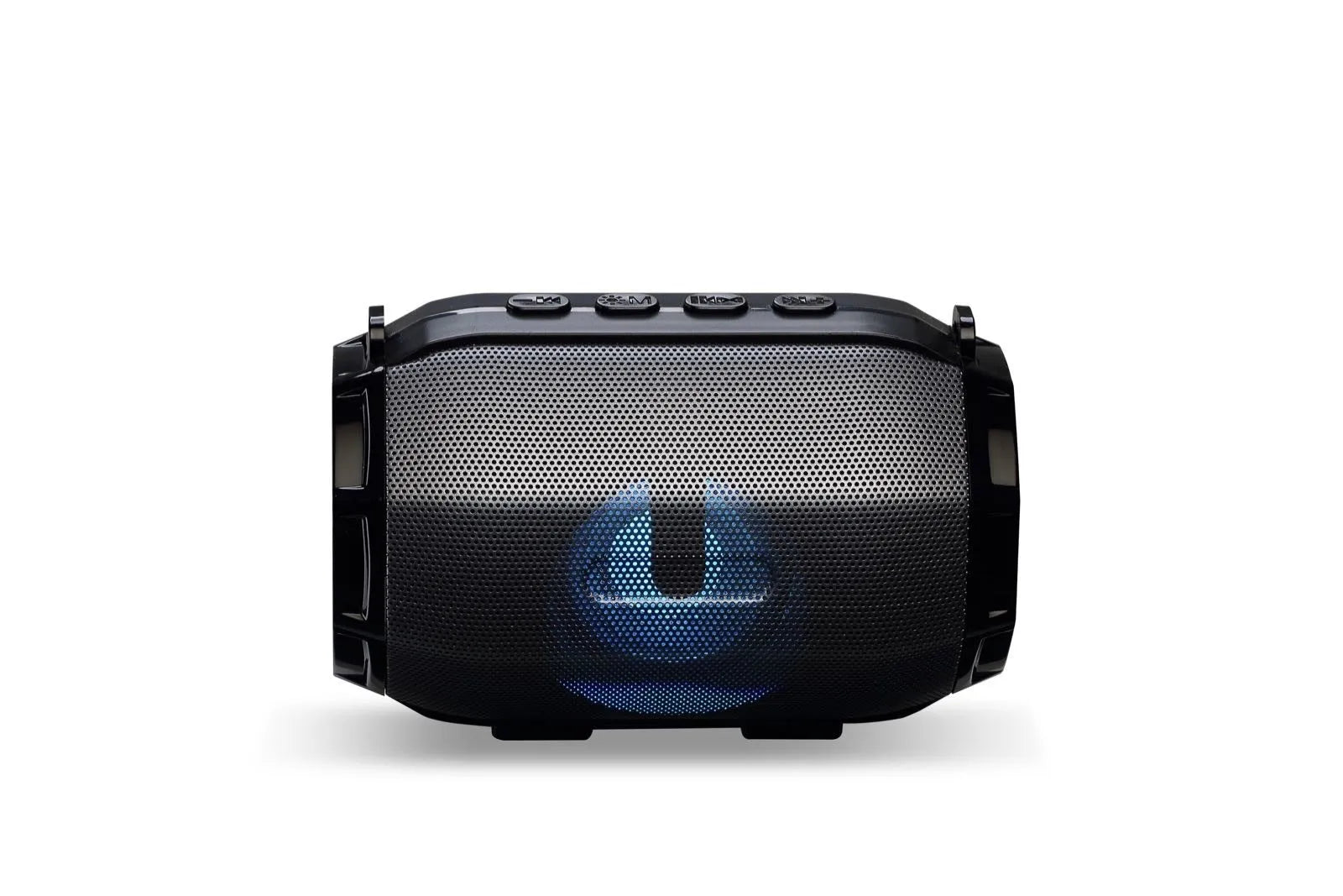 Portable Bluetooth speaker with subwoofer and metal shell in black, gold, and silver gray on a table