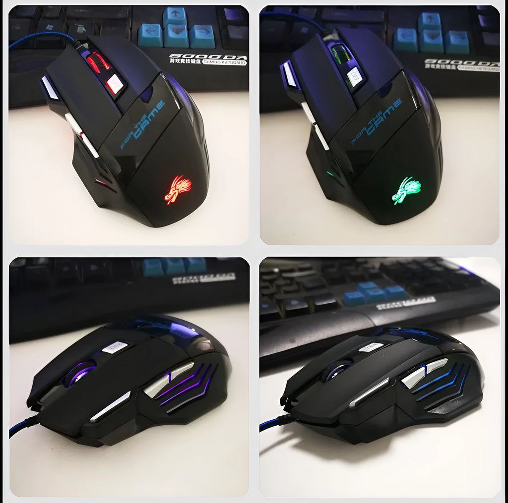 Betas wired optical gaming mouse with 7 buttons, USB cable, black glowing design, 2500 DPI rat size
