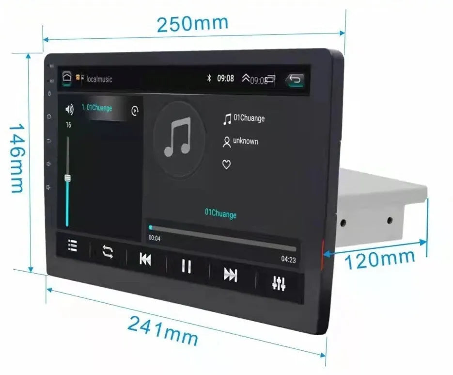 Black GM Android car sat nav with a large rotating LCD screen on a car dashboard.
