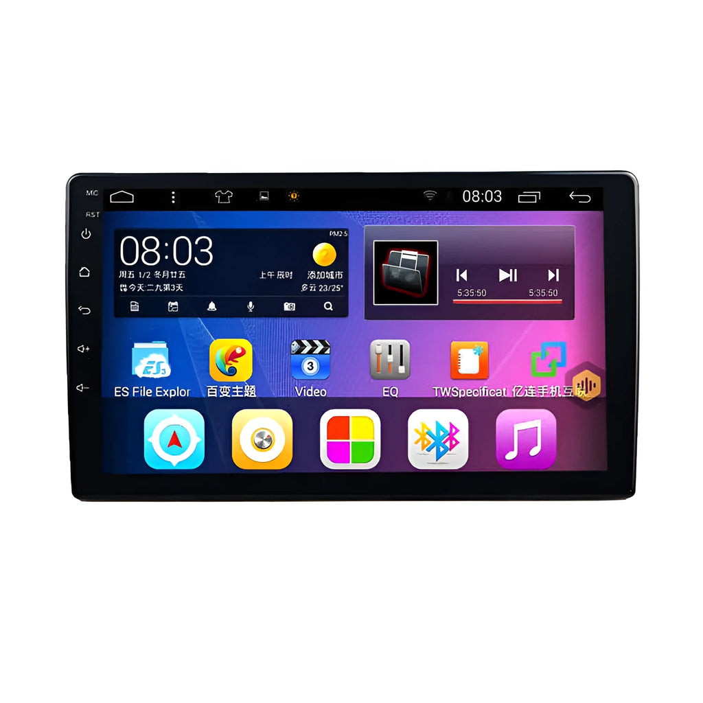 Black GM Android car sat nav with a large rotating LCD screen on a car dashboard.