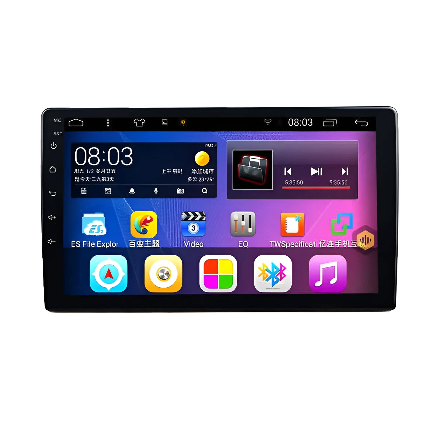 Black GM Android car sat nav with a large rotating LCD screen on a car dashboard.